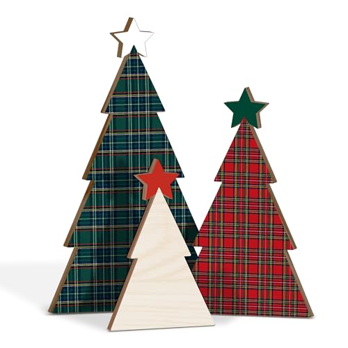 (Set 3) Plaid Christmas Table Decor For Mantel, Cabinet, Kitchen, Fireplace, Shelf, Desk, Tabletop, Morden Wooden Christmas Tree Decor Gifts Signs, Aesthetic Neutral Rustic Farmhouse Tray Decorations