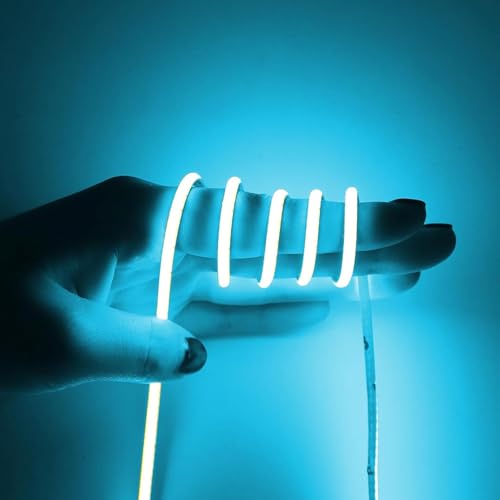 COB LED Strip Light 5m, Ultra-Thin Width 5mm LED Strip 12V Ice Blue Dimmable Flexible Cuttable CRI90 High Density 400LEDs/m for Bedroom Home Kitchen Cabinet Decor (Power Supply Not Included)