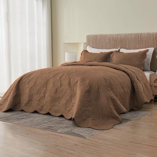 Image of Kingnex Oversized King Bedspreads 128x120 for Extra Wide Tall King or Cal King Bed Ultrasonic Quilted Coverlet Set 3 Piece Include 1 Quilt 2 Pillowcases Coffee