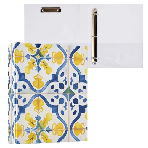 Image of 3 Ring Binder Blue Mandala Lemon Paisley Aztec 1.5 inch Binders Three Ring Binders with Clipboard Fit 8.5'' x 11'' Paper 3 Interior PVC Clear Pockets for Office Supplies