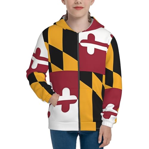 Flag of Maryland Print Girls Athletic Zip Up Hoodies,Sweatshirts with Pockets Long Sleeve Hooded Jackets, for 7-18 Y2