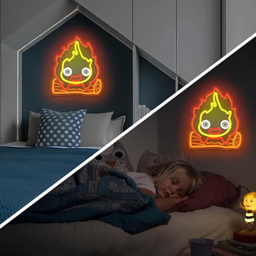 Image of Calcifer Neon Signs Anime Led Sign Flame Night Light Neon Lights for Bedroom Magic Fire Light Up Sign Gifts for Cartoon Castle Lovers Fans Teen Kids
