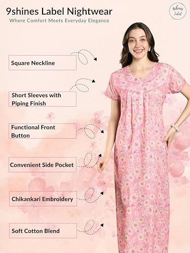 Image of 9shines Label Stylish Chikankari Cotton Nighty Maxi for Women | Full Length Nightgown | Nightdress with Pocket | Embroidery Nighty | Soft Comfortable Cotton Nightwear (1545)