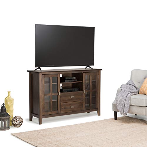 Simpli Home Artisan SOLID WOOD Universal Tall TV Media Stand, 53 inch Wide, Contemporary, Storage Shelves and Cabinets with Glass Doors, for Flat Screen TVs up to 60", Natural Aged Brown