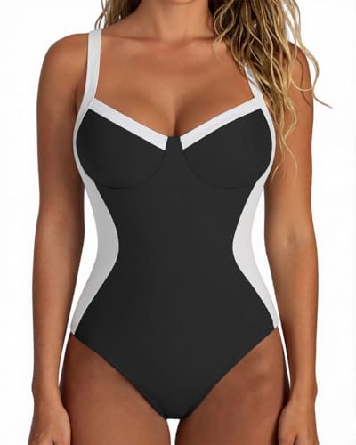 Yutdeng Badeanzug Damen Bauchweg Bademode V Ausschnitt Shaping Badeanzug Push Up Gepolstert Buntes Patchwork Schwimmanzug Einteiler Badeanzüge Bauch Weg Swimsuit Monokini Große Größen, Schwarz, XXL