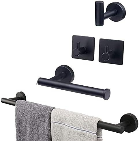 TocTen 5 PCS Bathroom Hardware Set SUS304 Stainless Steel-Towel Rack Set Include Lengthen Hand Towel Bar+Toilet Paper Holder+3 Robe Towel Hooks Bathroom Accessories Towel Bar Set (Matte Black, 24IN)