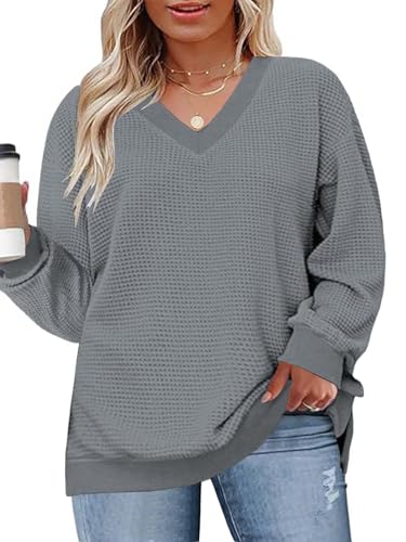 Image of DOLNINE Plus-Size-Tops for Women Casual V Neck Pullover Cute Waffle Knit Lantern Sleeve Sweaters Fashion Side Split Tunics