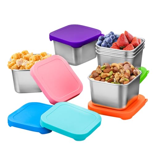 HARUMAKI 密閉スナックボックス ステンレス製 6個セット 180ml スクエア スナックカップ 食品保存容器 スナックコンテナ シリコン蓋付き 密封 防漏 冷蔵・冷凍対応 お弁当・おやつ・離乳食に最適 食洗機対応