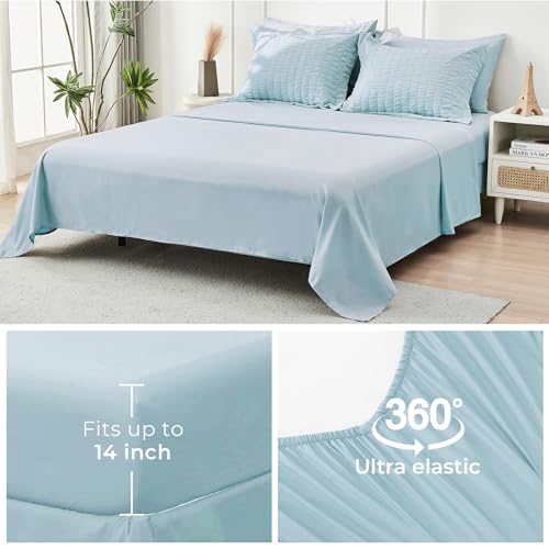 Image of HYMOKEGE Lake Blue Oversized Queen Comforter Set Seersucker 7 Pieces, All Season Luxury Bed in a Bag for Bedroom, Bedding Set with Comforter, Sheets, Pillowcases & Shams