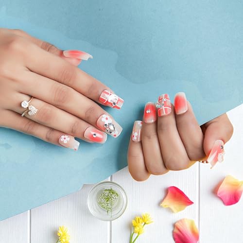 24 Pieces of Artificial Nails Set Pink Colour with Diamond Studs and Flower Design Print for Weddings Parties Valentine day Office Home Travel