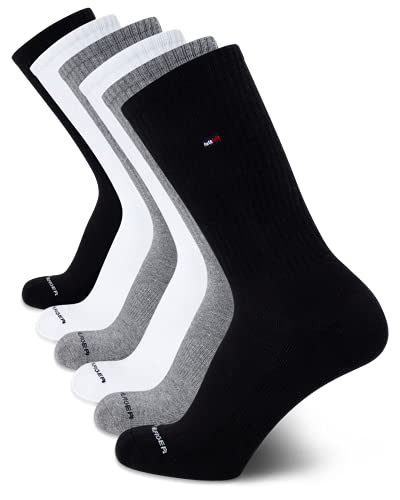 Tommy Hilfiger Men's Crew Socks - 6 Pack Performance Comfort Cushioned Athletic Socks - Breathable Crew Socks for Men (7-12), Size 7-12, Grey/White/Black
