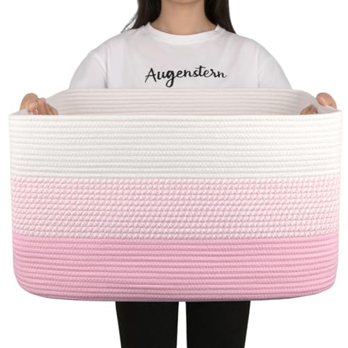 Image of OIAHOMY Large Blanket Basket, 22 inchx17 inchx12 inch Rectangle Woven Baskets, Nursery Blanket Storage Living Room, Toy Storage With Handle, Large Baskets for Organizing - Pink /White