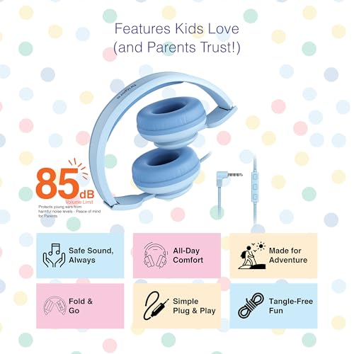 Image of FINGERS HappyHertz Wired Headphones for Kids (85 dB Volume Limit Safe Sound, Super-Soft Cushions, Foldable Design, Tangle-Free Cable, Perfect for Music, Learning & Fun) - Cool Blue