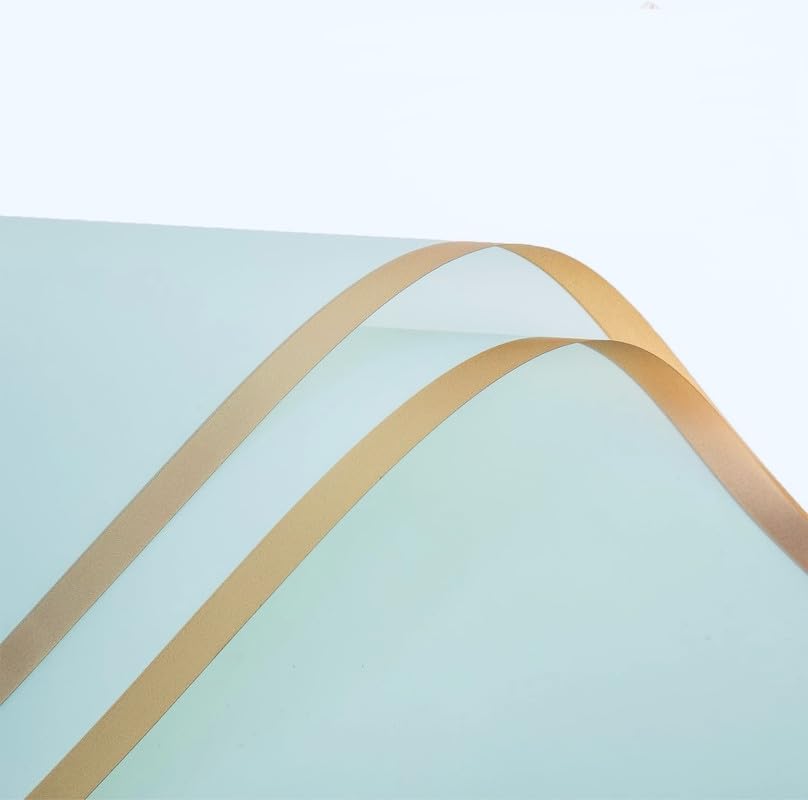 Saksham Golden Border Line Flower Wrapping Paper | 10 Sheets, 60 Microns 58cm X 58cm, Waterproof and Thick, elegant packaging for bouquet, and Gift Wrap (Ice Blue)| Get 1 Free Pull Bow Ribbon