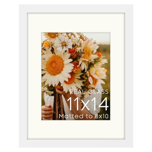 Golden State Art 11x14 White Picture Frame Ivory Mat for 8x10 Real Glass