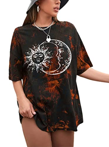 Remidoo Women's Short Sleeve Sun And Moon Print Tie Dye Oversized Top Loose T-Shirt Black Red X-Large #TOP5