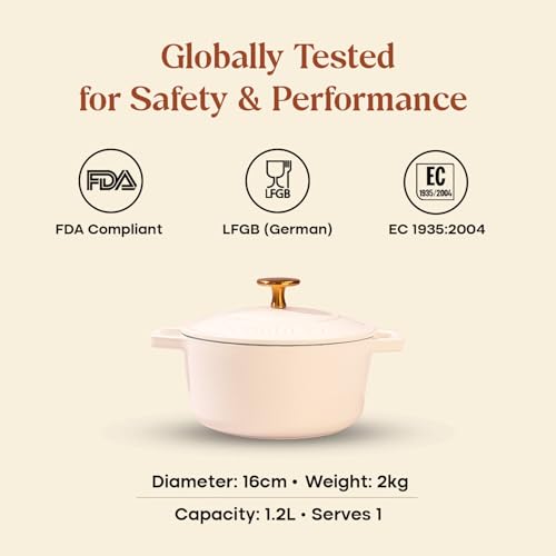 Image of Cumin Co. Enamel Cast Iron Dutch Oven with Lid | Induction, Dishwasher, Oven Safe | 100% Toxin-Free Surface | Biryani Pot Heavy Bottom | Cast Iron Casserole (Malai (White), 16 CM)