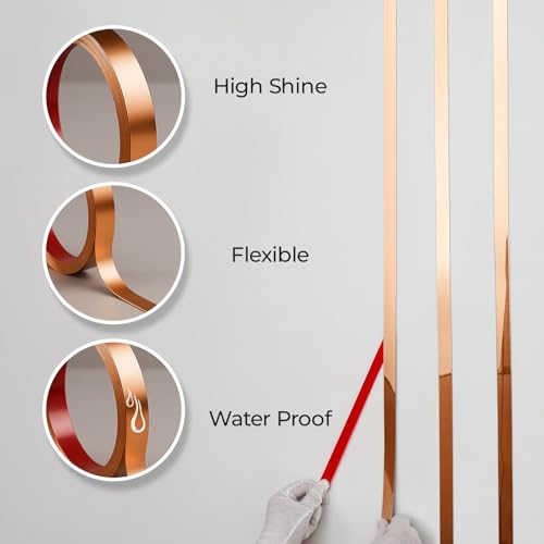Image of Rose Gold Moulding Patti for Wall - 5M Self Adhesive Metal Strip | T Profile Wall Moulding Trim for Ceiling, Furniture, Cabinet, Tile Border | 50MM SS 201 Mirror Finish (Rose Gold, 50MM)