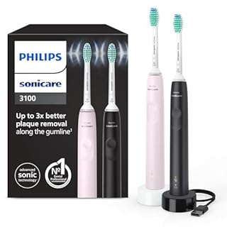 Philips Sonicare 3100 spazzolino elettrico sonico, sensore di pressione e timer, colore rosa e nero, confezione doppia, HX3675/15, Sonicare 3100, Nero/Rosa