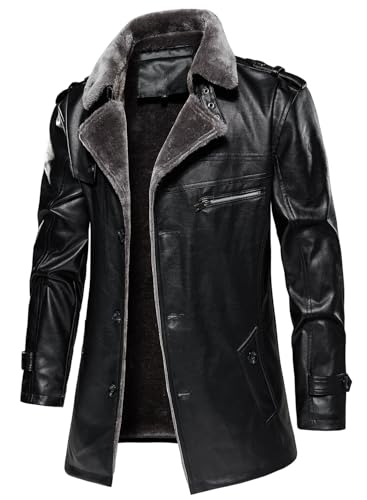 HOOD CREW Mens Leather Jacket Fashion Leather Trench Coat 3/4 Length Casual Winter Faux Fur Coat2