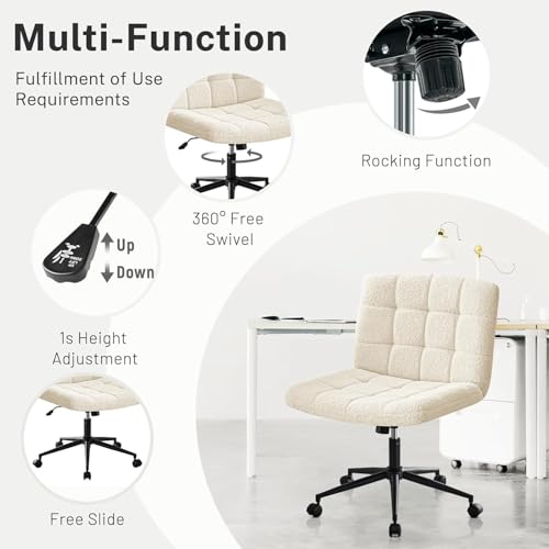 Image of Nutech Decor Armless Office Desk Chair - Linen Fabric Padded Swivel Adjustable Home Office Chair with 360 Wheels, Wide Criss Cross for Desk, Living Room (ND-Sherpa-ivorywhite-Wheel)