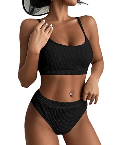 datasy Femme Maillot de Bain 2 Pièces Sexy Ensemble Bikini Taille Haut Elegant Rembourré Push Up Vintage Plage Soutien-Gorge Beachwear Couleur Unie Noir XL Cover