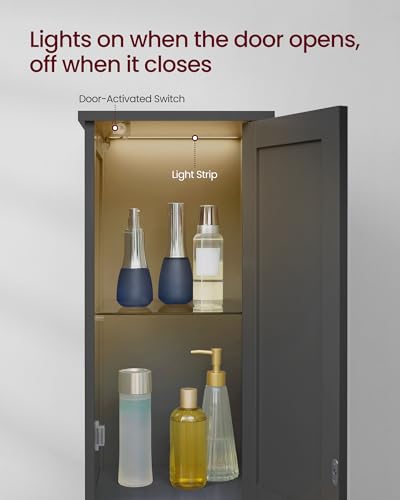 Image of VASAGLE Tall Storage Cabinet with Lights, Slim Freestanding Cabinet with Adjustable Shelves, for Small Spaces, Bathroom, Living Room, Modern, 11.8 Inches Wide, Ink Black UBBK566BC01S