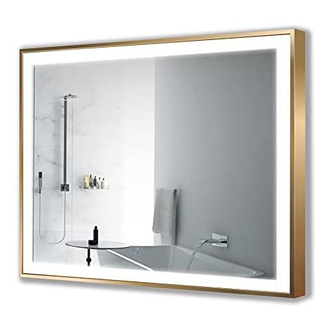 Krugg | Soho LED Bathroom Framed Mirror | Lighted Vanity Mirror Includes Dimmer & Defogger | Wall Mount Vertical or Horizontal Installation (Gold, 48Wx36L) Cover