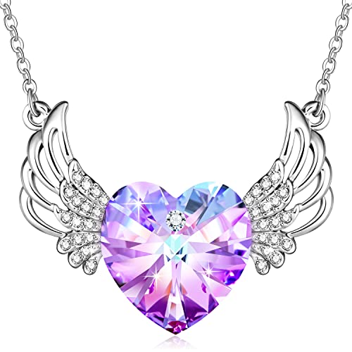 PLATO H Women Alloy Angel wing Heart Necklace Amethyst Pink Crystals for Mom Pendant Jewelry Fashion Guardian Angel Pendant of Teen Girl Mothers Day Gifts for her