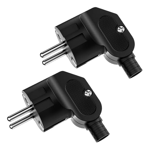 Oblinple 2 Piezas Enchufe Schuko 250 V 16A, Enchufe de Alimentación con Manga de Protección de Par, Clavija Macho Europeo para Cable de 8 a 10 mm IP20, Contacto a Tierra Negro