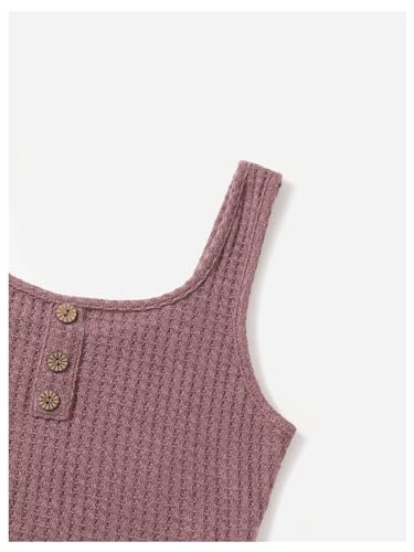 Image of RoseSeek Girl's 2 Piece Outfits Waffle Knit Scoop Neck Button Down Crop Tank Tops Paperbag Waist Track Shorts Redwood 13Y