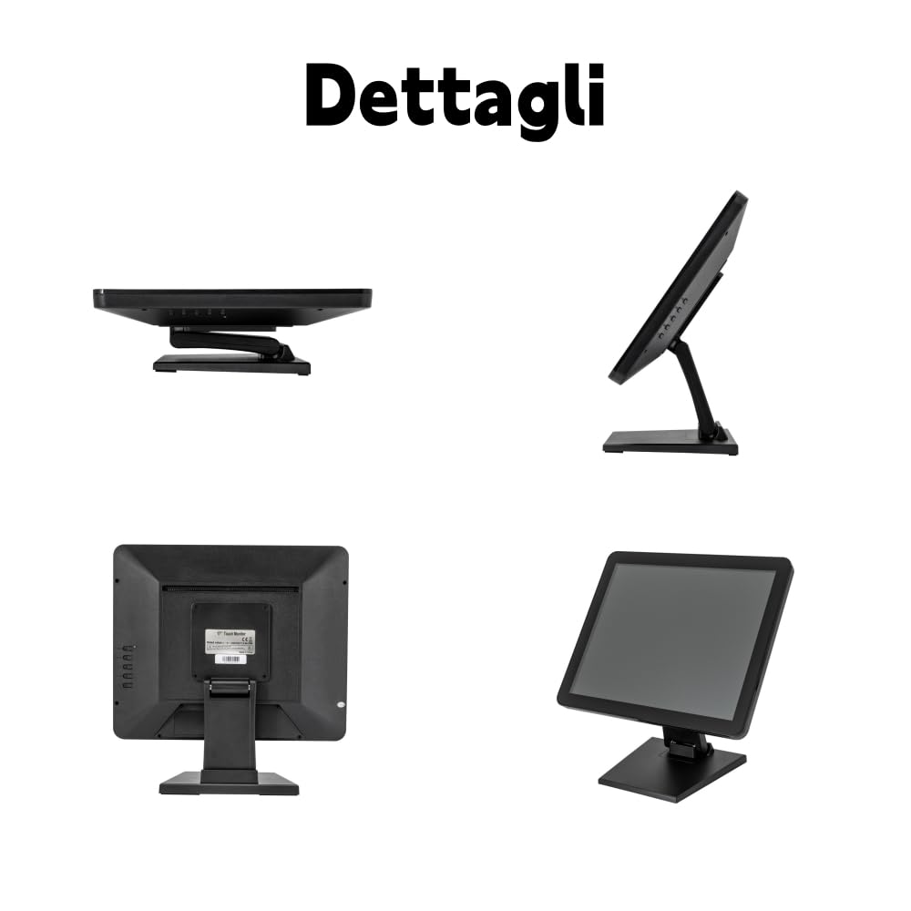 Monitor 17 pollici | Touch capacitivo | Regolabile 0‑90° | per POS | HD 1280×1024 | HDMI/VGA/USB | montaggio a parete o da banco | per negozi, ristoranti, food truck – solo display