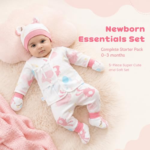 Image of SNOWIE SOFT 5Pcs Set New Born Baby Clothes 0-3 Months with Cotton Long Sleeve Top and Pants, Gloves, Socks, Bear Ear Hat, Infant Clothes 0-3 Months New Born Baby Gifts Shower Gift