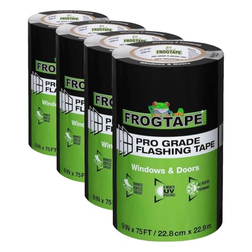 Image of FrogTape Pro Grade Flashing Tape for Windows & Doors, 9 Inch Width - 75 Foot Roll, All Weather & UV Resistant Flashing Tape with Advanced Acrylic Adhesive - 10 mils - Black (Pack of 4)