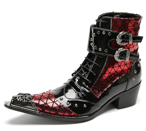 Santimon Men's Gothic Punk Buckle Western Cowboy Boots – Genuine Leather Metal Spiked Toe, Lace-Up Ankle Boots with Buckle & Studs for Club, Party, Stage