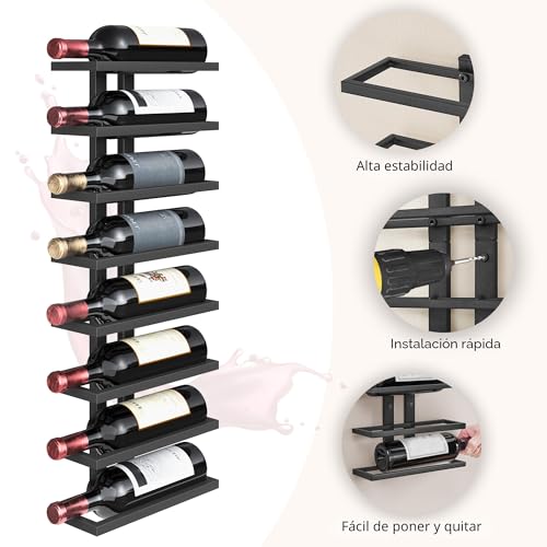 Miniatura 2 de Favoosty Botellero De Pared 3pz, Botellero Vertical, Estante Para Botellas Con 8 Niveles, 8 Botellas De Vino, Soporte Para Botellas, Estante De Metal Para Botellas De Vino, Para Comedor, Bodega, Negro