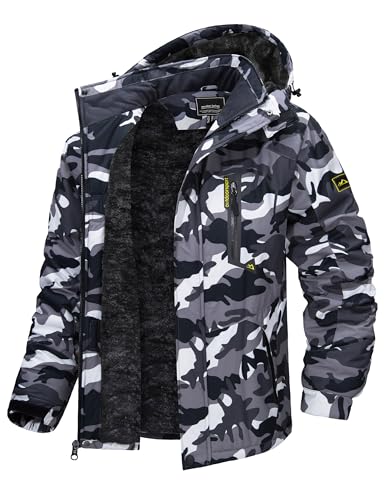 TACVASEN Men's Winter Camo Black Fleece Lined Water Resistant Modern Straight Fit Anorak Jacket