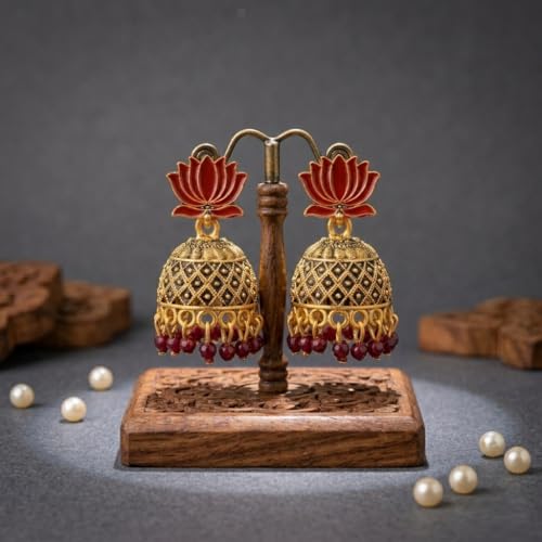 Image of OnlyKing Traditional Lotus Meenakari Jhumka Earrings for Women & Girls | Gold Color Oxidised Ethnic Floral Jhumki | Temple South Indian Style Ear rings Set | Stylish Trending Big Colorful Jhumkas (Available in 12 Colors)