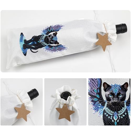 Image of 5D Diamond Painting Wine Bag, DIY Diamond Art Gift Pouch, Handmade Linen Wine Bottle Holder, Black Panther with Wings Design Decorative Champagne Wrapping for Holiday Party and Festive Gifts