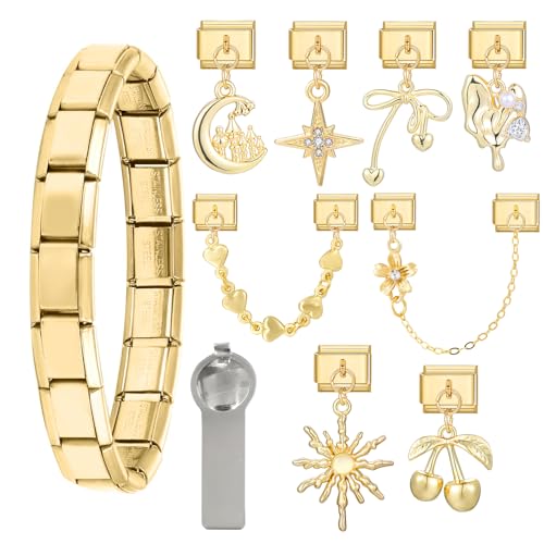 Menore Italian Charm Bracelet Gold 12PCS Italian Charms Armband Set mit Öffnungswerkzeug und Armband DIY Abnehmbar 9mm Edelstahl Module für Italienische Armbänder Geschenk für Frauen Mädchen