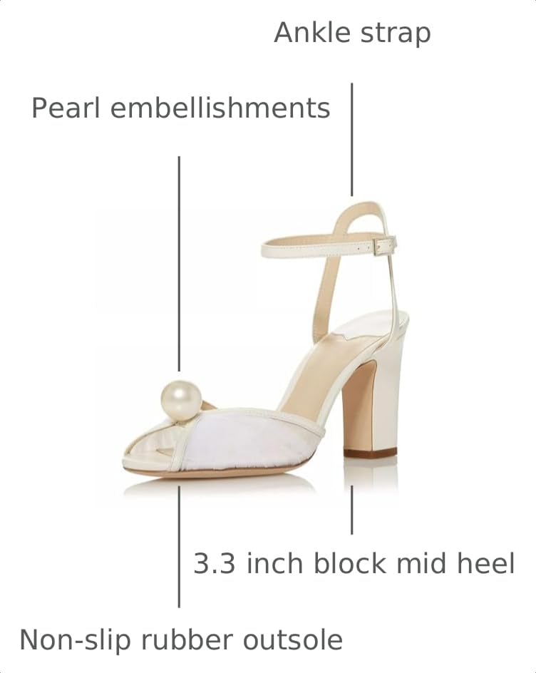 Image of Goolita Pearl Heels For Women Mid Block Ankle Strap Heeled Sandals Round Open Toe Party Evening Bridal Shoes For Wedding
