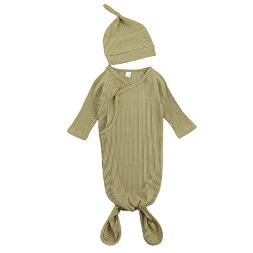 Image of Okbabeha Newborn Baby Girls Boys Nightgowns Solid Color Sleeper Gown with Hat 2-Piece Sleeping Bag Swaddle Blanket Outfits (Dark Green, 0-3 Months)