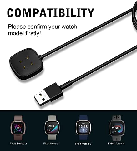 MoKo Charger Compatible with Fitbit Versa 4/Versa 3/Sense 2/Sense Smartwatch, Magnetic Replacement Charging Dock with USB Cable Cord 3.3FT/1M, Black