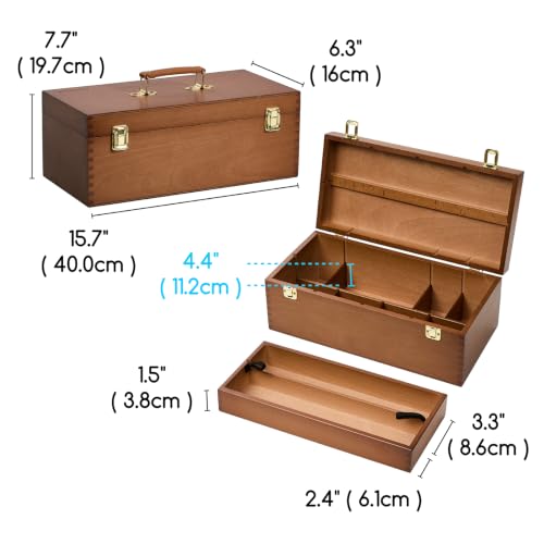 Image of MEEDEN Large Wooden Tool Storage Box: Portable Art Supply with Handle | Beech Wood Art Supply Case - Built-in Removable Tray & Compartments Toolbox Case for Artists and DIY Craft Sewing Supplies
