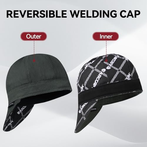ARCCAPTAIN Reversible Welding Cap, 8 Panel Protective Welders Cap, 10 oz Fireproof Cotton Comforts for Safety and Protection While Welding to Men Women, Army Green, 7 1/8