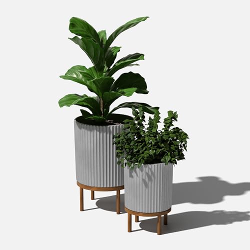 Image of Veradek Demi Series Raised Duo Planters - Set of 2 Planters with Stands | Made From a Durable Plastic-Stone Composite & Comes With Wooden Stand. Modern Porch /Patio Decor