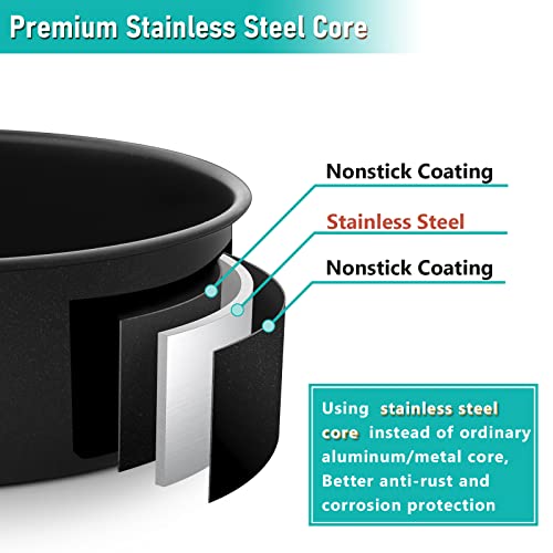 E-Far 8 Inch Cake Pan Set Of 3, Nonstick Stainless Steel Small Round Cake Pans Tin For Baking Layer Cakes, Stainless Steel Core & Non-Toxic Coating, Straight Side & 2 Inch Deep #TOP1