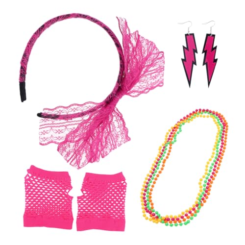 ANDRESLAD Diadema De Encaje Guantes De Pesca Sin Dedos y Pendientes Neón Ideal Para Fiestas Temáticas y Disfraces Retro