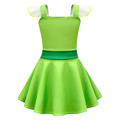 Girls Kids Green Tinkerbelll Princess Fairyi Summer Square Neck Flounce Hem Casual Dress2