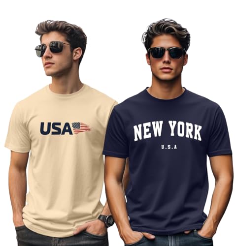 Image of Veirdo 100% Pure Cotton Regular Fit Cool & Trendy Front Printed Half Sleeve T-Shirt Combo for Men (Available Colors: Black, Navy, Swanwhite, White & Green)